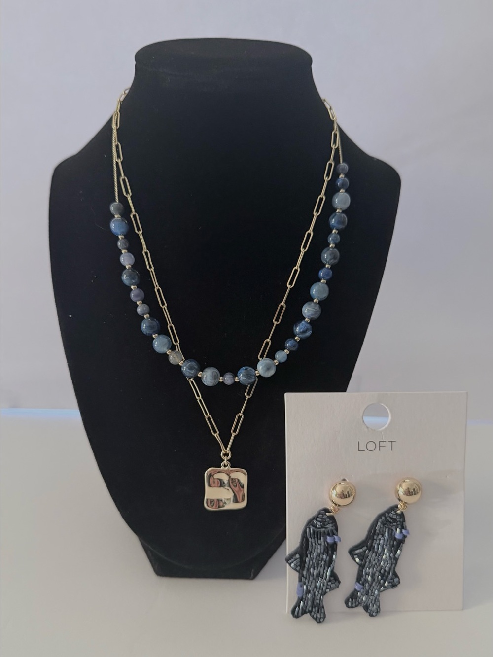 LOFT NWT BUNDLE- Blue Beaded Necklace & Fish Statement Earrings Set